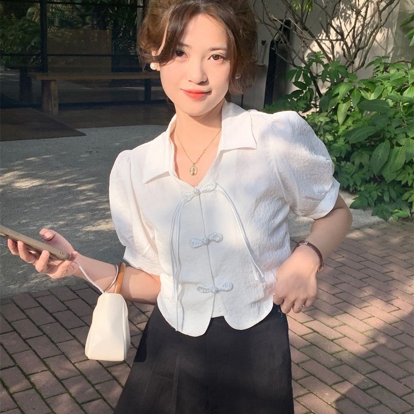 Retro Buckle Shirt Women's Clothing Puff Sleeve Top Design Sense Niche Summer New Style White French Short Sleeve Shirt