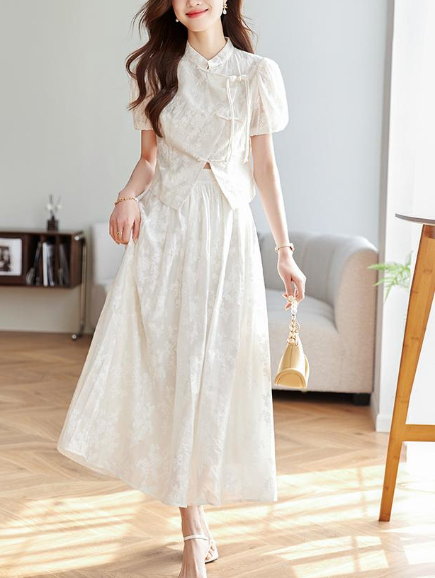 New Chinese Style Set for Women 2025 Summer Stand Collar Jacquard Shirt Top and Skirt Two-Piece Set