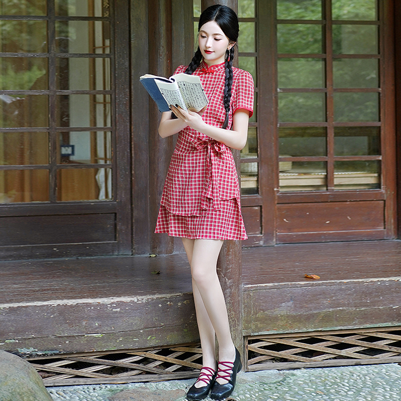 复古格子中式连身裙*2 Colors