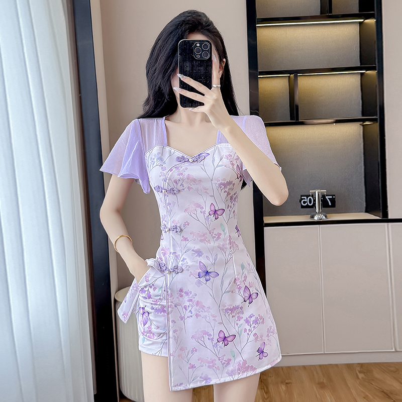Real Shot Summer New Style New Chinese Style Improved Cheongsam Elegant Sweet Dress Shorts Two-Piece Set