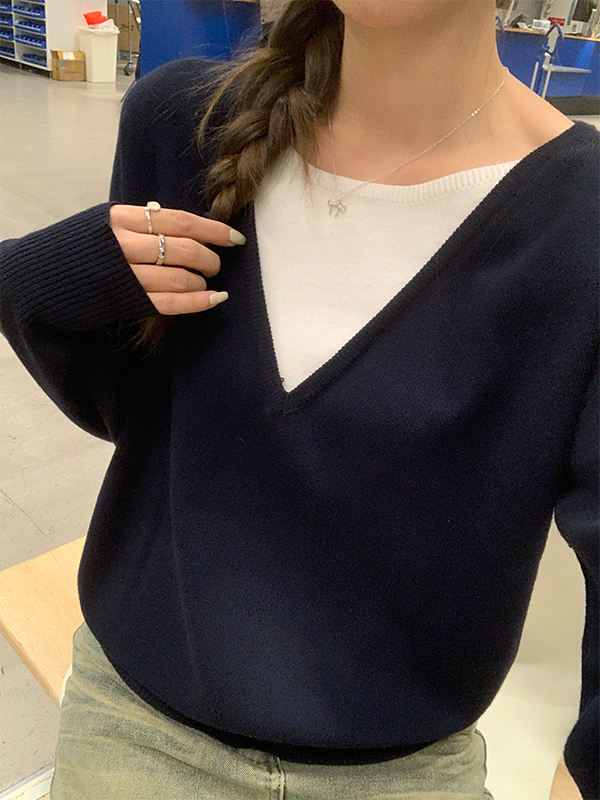 慵懒撞色假两件毛衣* 2 Colors