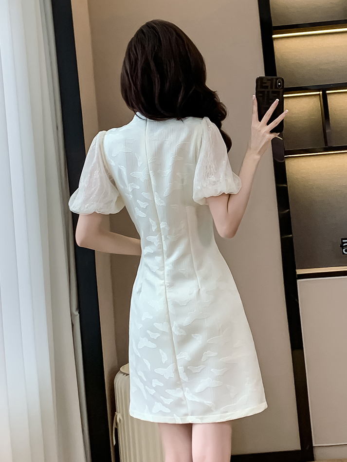 提花泡泡袖旗袍连衣裙*2 Colors