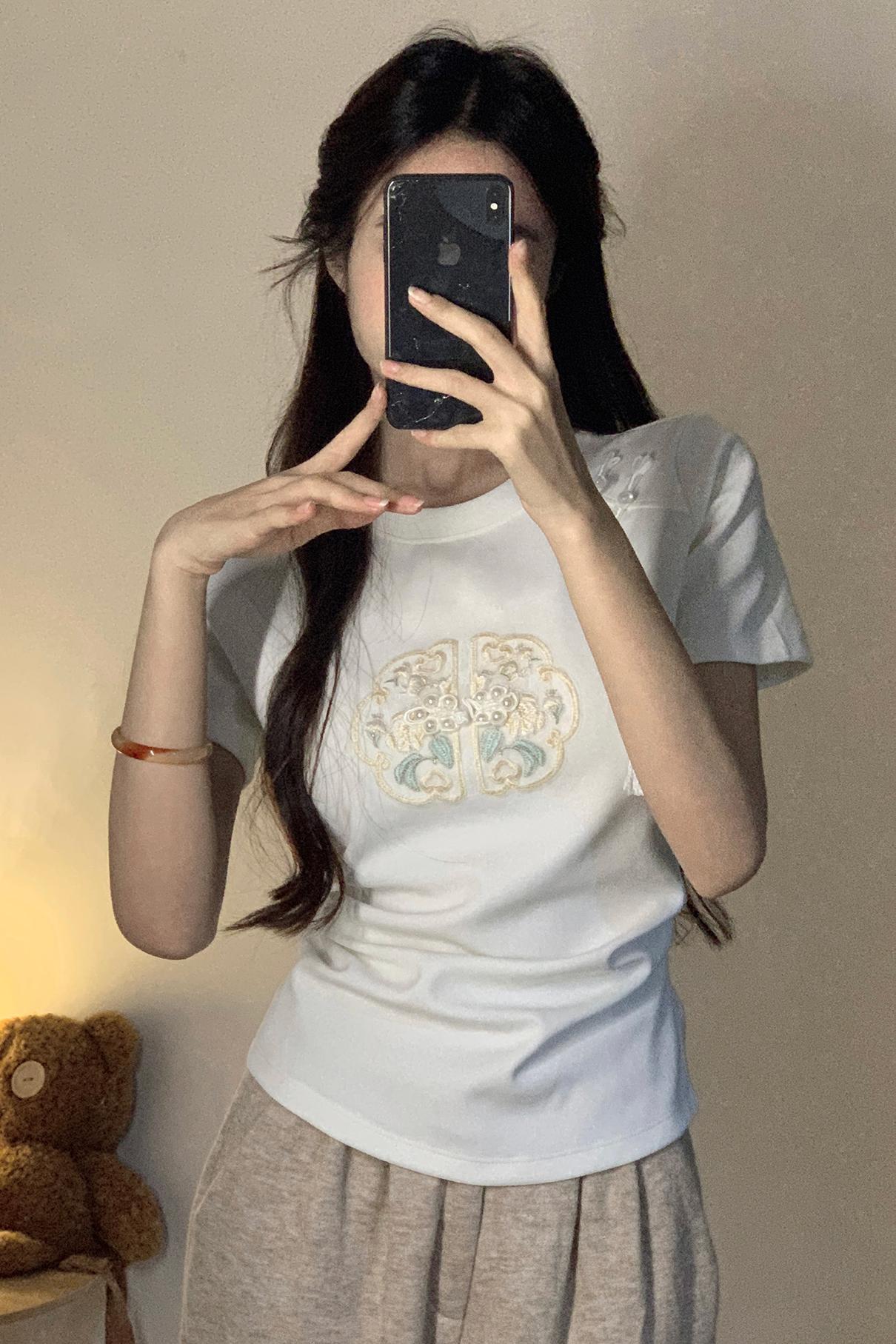 Real Shot New Chinese Style Rayon Air Layer 210g Short Sleeve T-Shirt for Women Summer Embroidery Slim Fit Regular Shoulder Short Round Neck Top