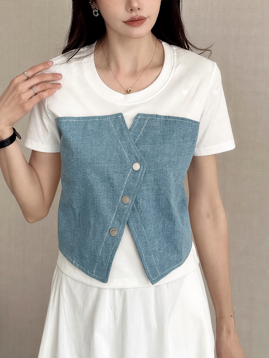 Denim Vest Patchwork T-Shirt 牛仔马甲拼接T恤*4 Colors