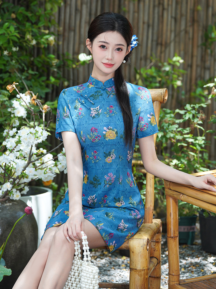 Fresh Floral Print Improved Cheongsam New Chinese Style Retro Age-Reducing Commuting Daily Wear Dress