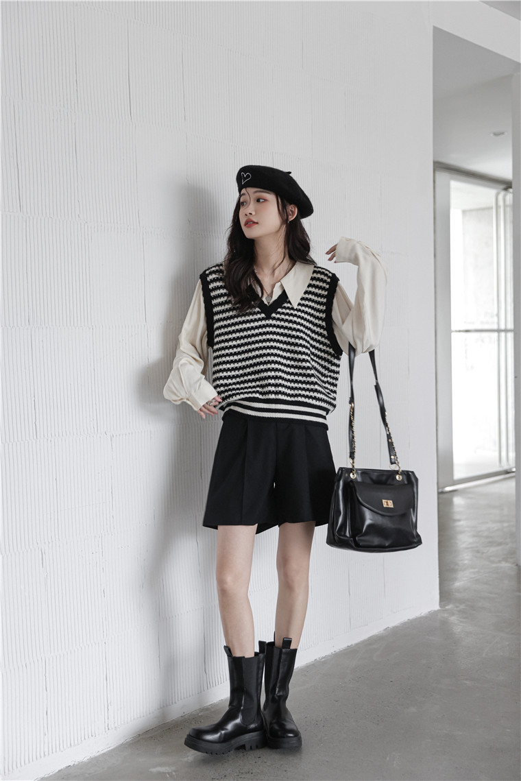 Faux Layered Knit Vest Shirt 知性小姐姐~假两件针织马甲长袖衬衫*2 Colors