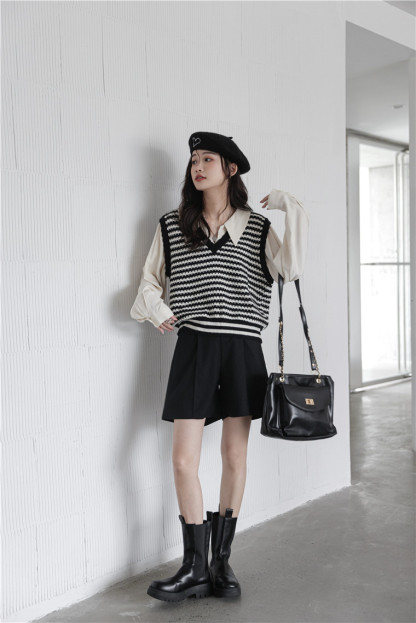 Faux Layered Knit Vest Shirt 知性小姐姐~假两件针织马甲长袖衬衫*2 Colors