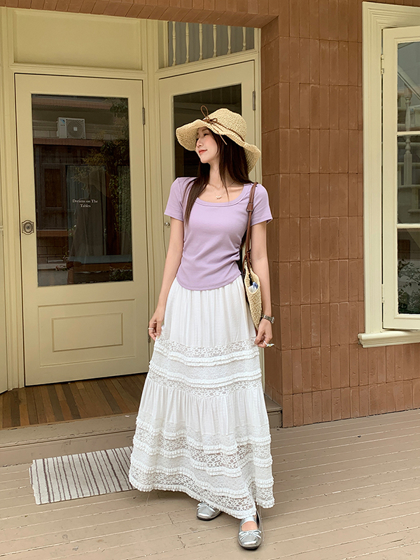 Taro Purple Pure Desire Ruched Square Neck Short Sleeve T-Shirt 方领抽褶短款T恤