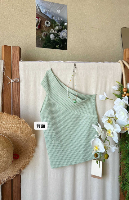 Spicy Girl Off-Shoulder Stretch Knit Tank Top 辣妹斜肩弹力针织背心* 9 Colors