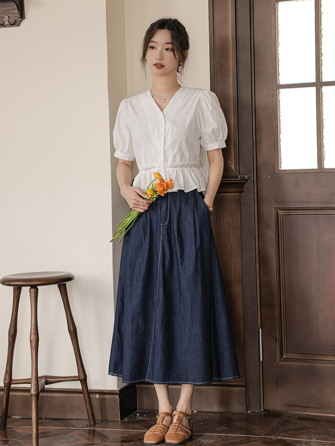 Real Shot French Style Square Neck Elegant Lace Short Sleeve Shirt 2024 Summer Slim Fit Waist Short Blouse Top