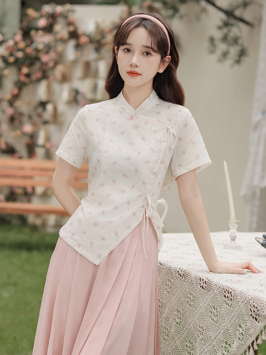 Chinese Style Pink Floral Stand Collar Shirt Tie Top Pink Bamboo Pattern Lace Half Skirt 粉色碎花衬衫+蕾丝半身裙两件套