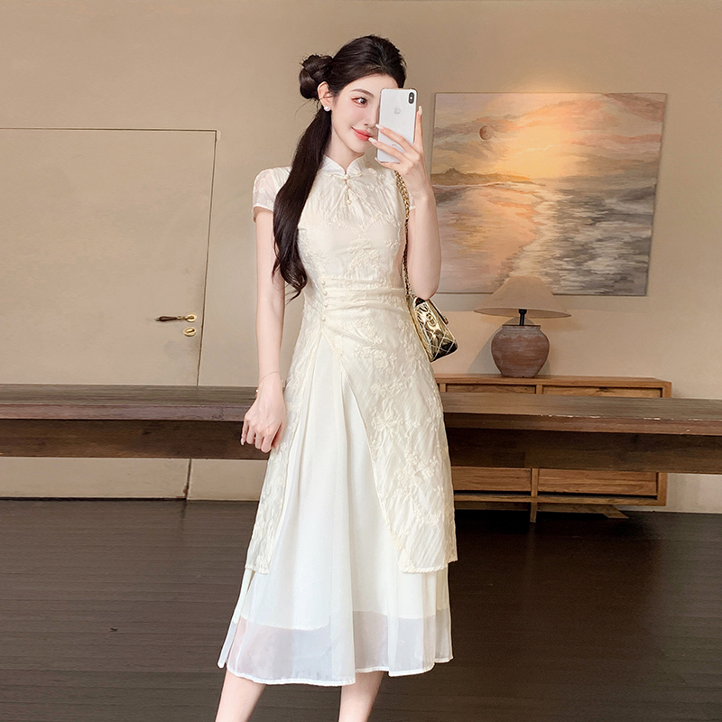 蓝色印花蕾丝中式2件套 New Chinese Style National Style Cheongsam Embroidered Waist Slimming Elegant Girl Dress