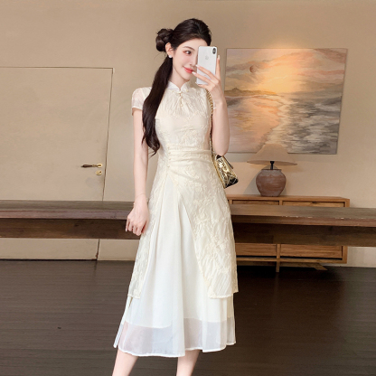 蓝色印花蕾丝中式2件套 New Chinese Style National Style Cheongsam Embroidered Waist Slimming Elegant Girl Dress