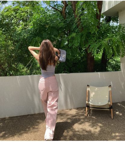粉色阔腿牛仔裤 pink denim women's pants, high-waisted, slimming, wide-leg, loose straight-leg trousers