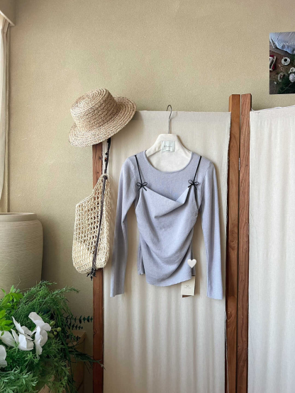 Sweet Bow Faux Two-Piece Knit Top 氧气甜美感~立刻入坑甜美蝴蝶结吊带假两件针织衫*7 Colors