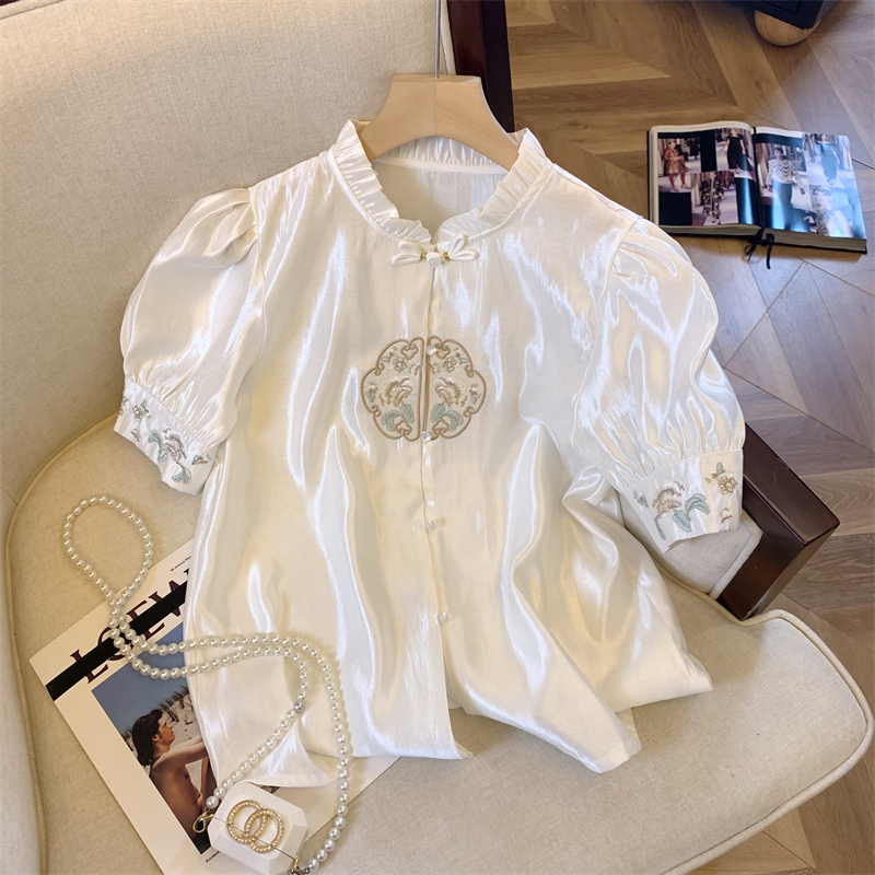 Real Shot Advanced Stringy Selvedge Stand Collar Embroidery Tencel Shirt Women's New Chinese National Style Chinese Knot Button Top with Horse-Face Skirt Shirt