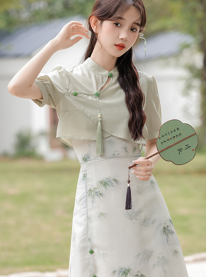 Green Bamboo Floral Two-Piece Set 青竹花语吊带裙罩衫两件套