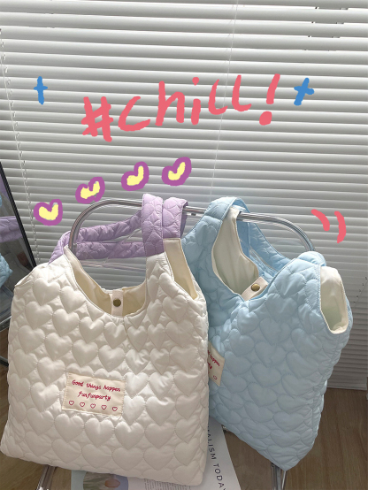 Creamy Quilted Heart Design Canvas Bag 奶油风爱心绗缝大容量学生包*3Colors