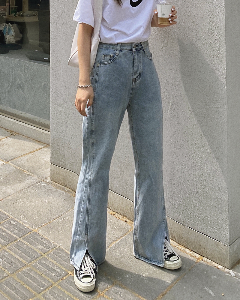 Actual Shot 2025 Summer New HyunA Floor-Length Pants with Slit High Waist Versatile Loose Straight Wide-Leg Denim Long Pants for Women