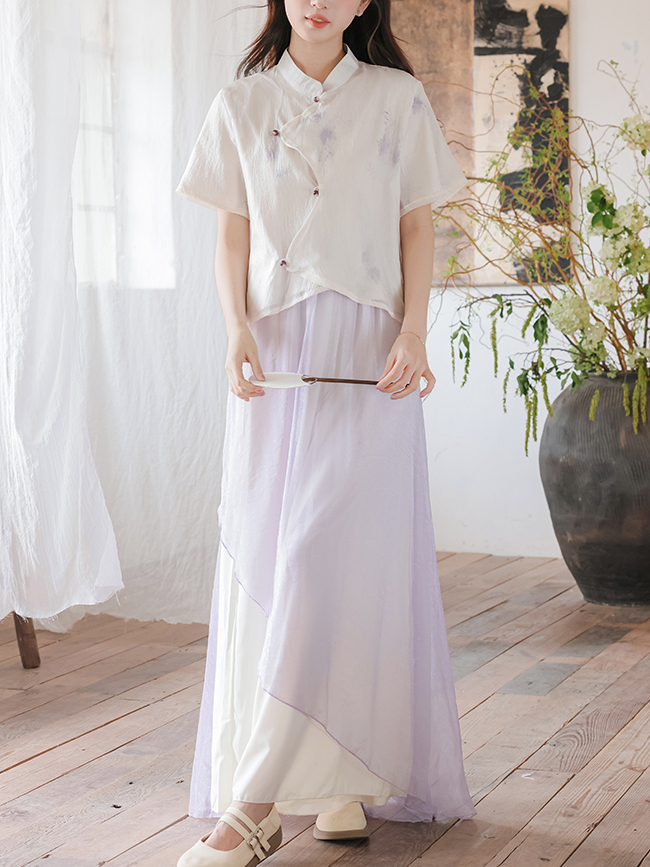 藤萝紫色中式上衣阔腿裤套装