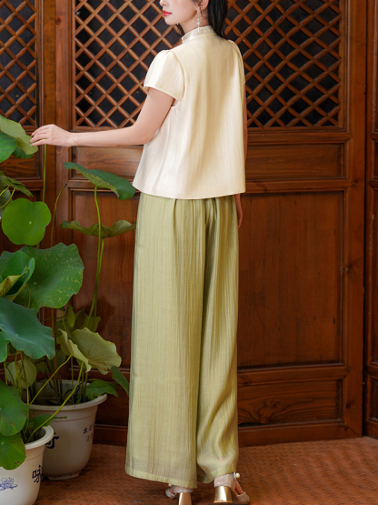 缎面盘扣上衣+裙裤套装 New Chinese Style Hanfu Satin Oblique Collar Heavy Embroidery Button Top with Ethnic Style Skirt Pants Set