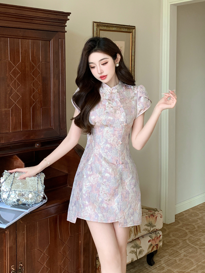 蓝色印花蕾丝中式2件套 New Chinese Style Improved Cheongsam Fashionable Dress