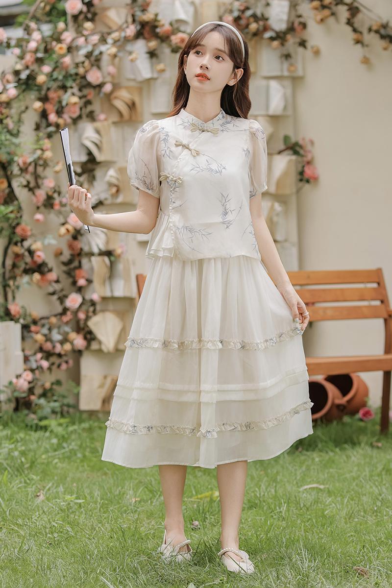 2024 New Women's Bamboo Shadow New Chinese Short-Sleeved Shirt High Waist Skirt Two-Piece Set 40