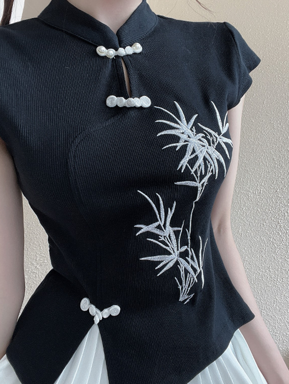 New Chinese Style Embroidered National Style Button Top Design Slimming Pleated Skirt Age-Reducing Workwear Two-Piece Set