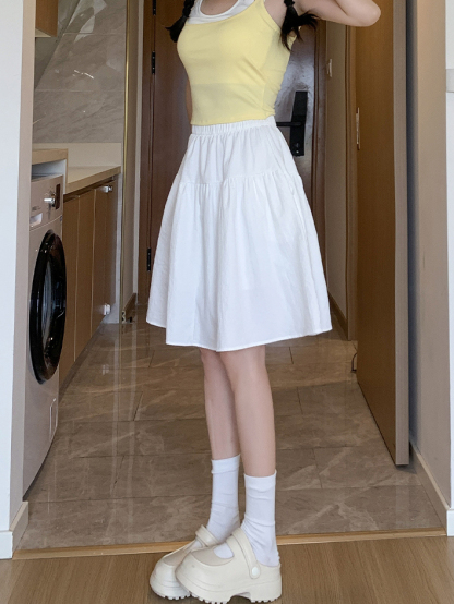 Real Shot Summer Japanese Style Thin Versatile Slimming Navy Blue Loose Wide Hem Five-Point Skirt Short Skirt Half Skirt for Women