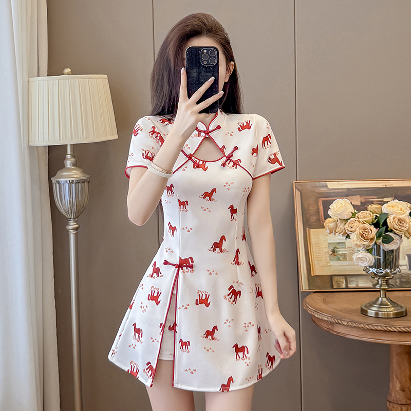 Real Shot New Style New Chinese Style Fashion Suit Petite Cheongsam Dress Socialite Style Dress Suit Two-Piece Set