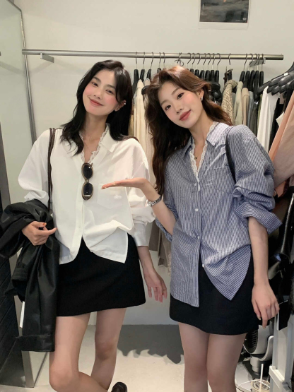 Lace Trim V-Neck Shirt V领蕾丝拼接衬衫*4 Colors