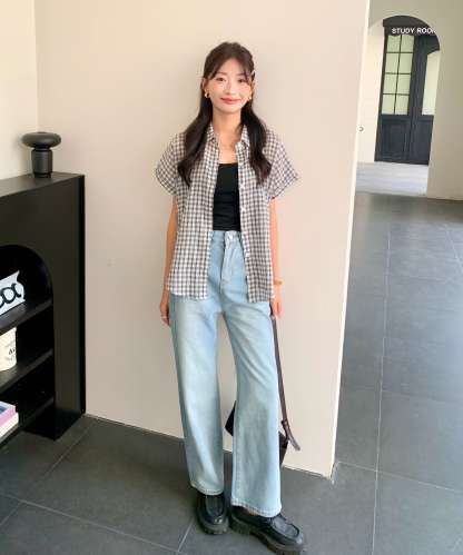 Casual Retro Plaid Blouse 复古风短袖格子衬衫*2 Colors