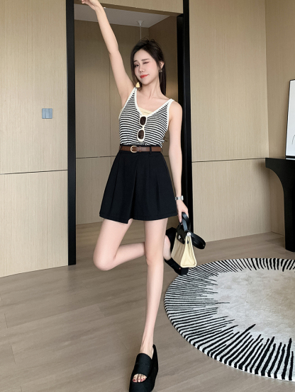 Real Shot Spot Casual Shorts Women 2024 Summer Workwear Short Culottes High Waist Loose Wide Leg Pants A- line Short Pantskirt