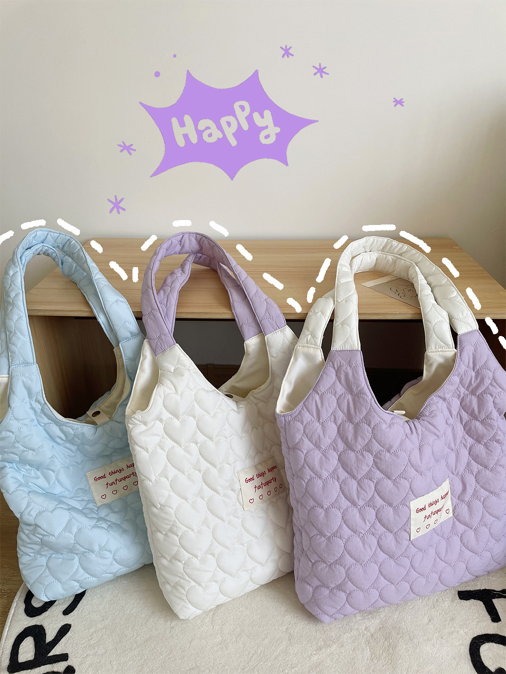 Creamy Quilted Heart Design Canvas Bag 奶油风爱心绗缝大容量学生包*3Colors