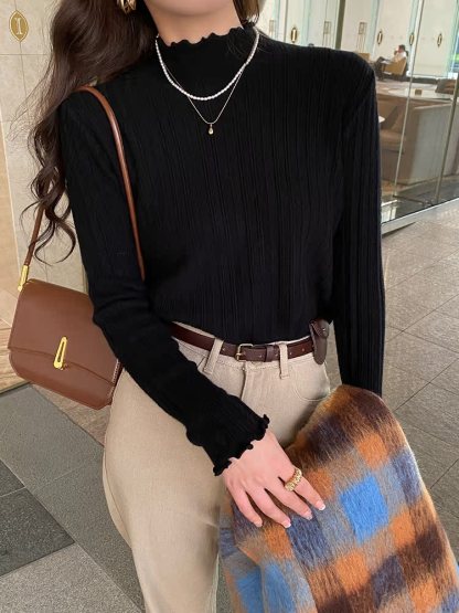 Mock Neck Ruffle Trim Long Sleeve Top 半高领木耳边长袖上衣*11 Colors