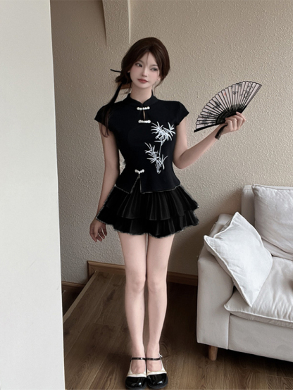 New Chinese Style Embroidered National Style Button Top Design Slimming Pleated Skirt Age-Reducing Workwear Two-Piece Set