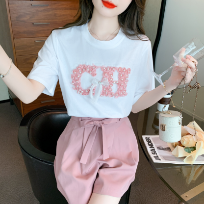 Sweet Pearl Bow Floral Tee 珍珠花朵蝴蝶结短袖T恤