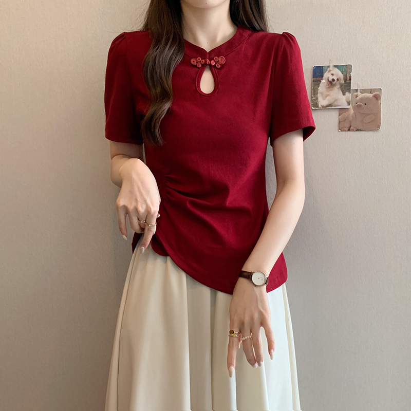 新中式镂空盘扣短袖T恤 New Chinese Style Hollow Out Button Short Sleeve T-Shirt