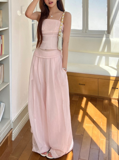 RINA Strapless Top & Wide Leg Pants Set 慵懒纯欲粉色抹胸上衣+休闲阔腿裤两件套