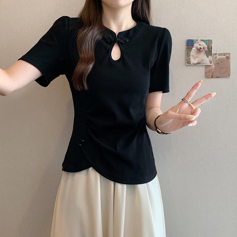 新中式镂空盘扣短袖T恤 New Chinese Style Hollow Out Button Short Sleeve T-Shirt