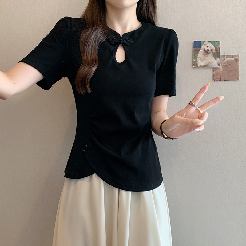 新中式镂空盘扣短袖T恤 New Chinese Style Hollow Out Button Short Sleeve T-Shirt