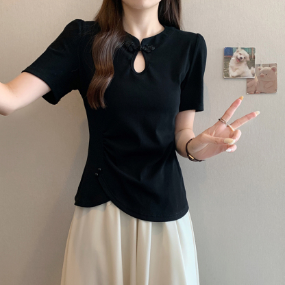 新中式镂空盘扣短袖T恤 New Chinese Style Hollow Out Button Short Sleeve T-Shirt