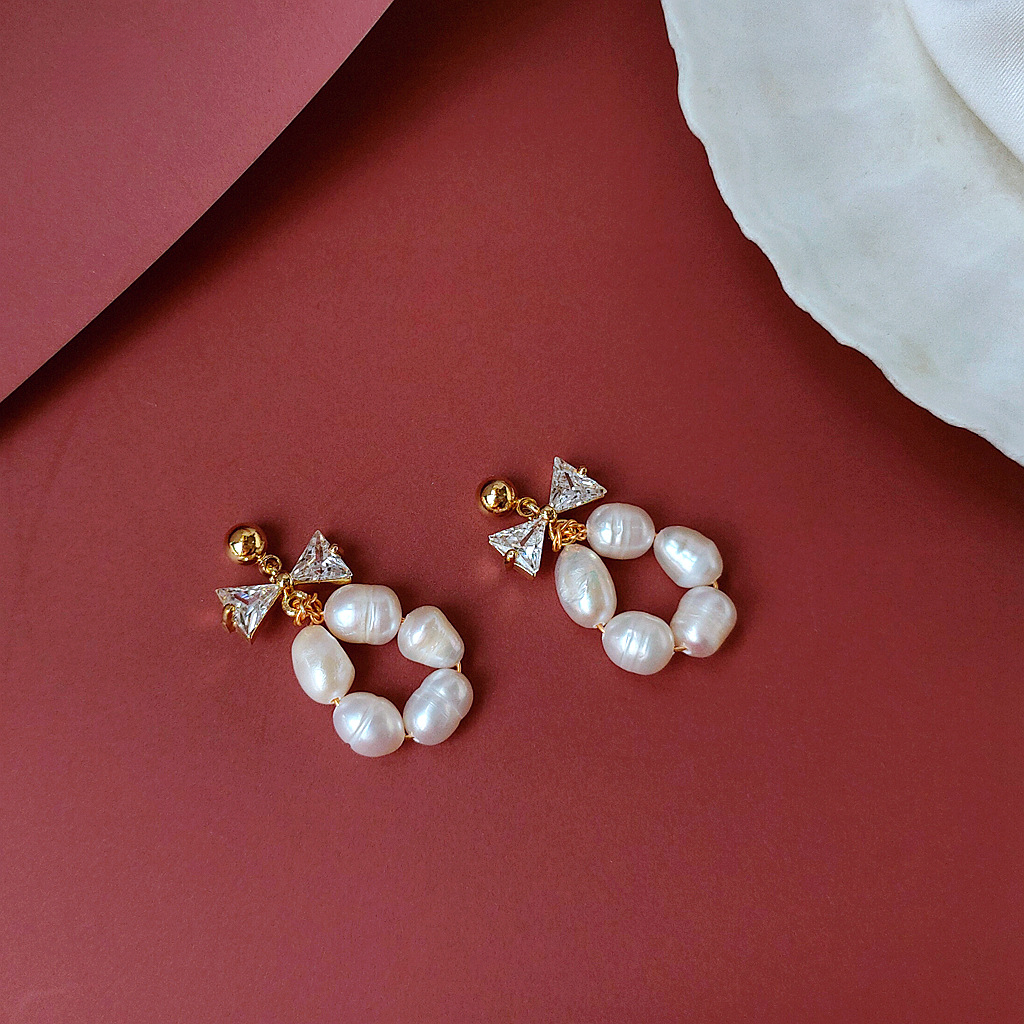 Bright Eyes 925 Silver Needle Plated 14K Real Gold Natural Freshwater Pearl Element Handmade Earrings Female Bow Zircon Earrings