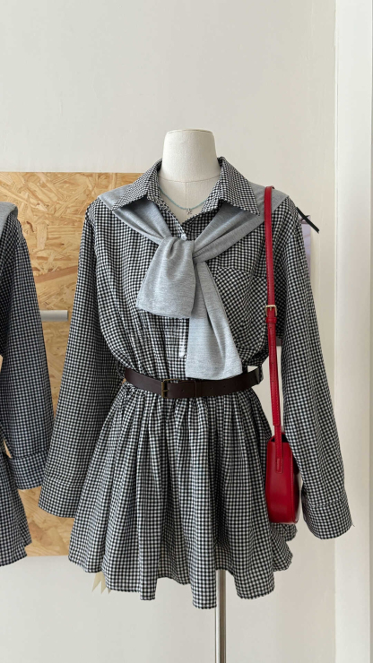 Classic Plaid Shirt Midi Dress 百搭显瘦收腰格子衬衫连身裙~ 配腰带披肩*3 Colors