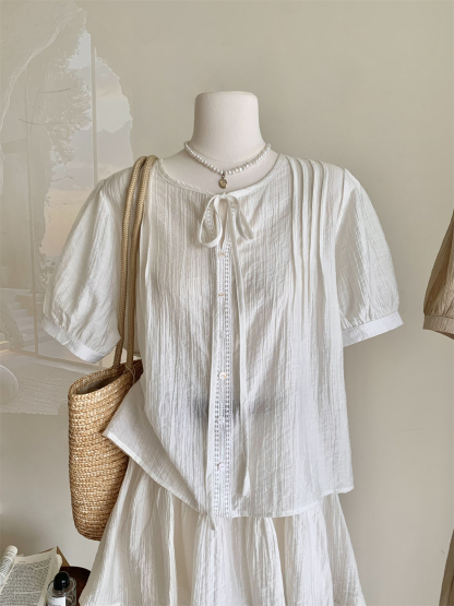 Casual Bow Tie Shirt & Skirt Combo  绑带衬衣+ 休闲短裙2件套*2Colors