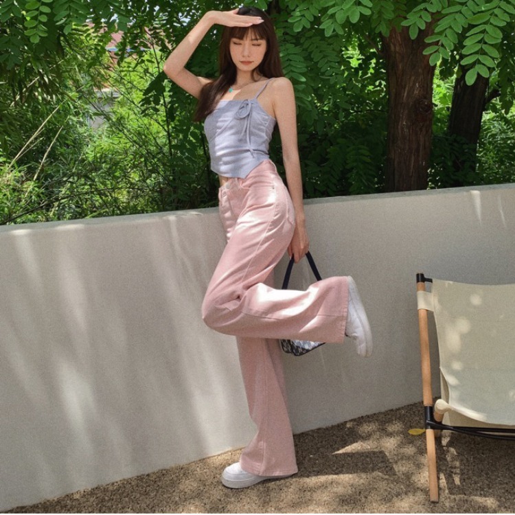 粉色阔腿牛仔裤 pink denim women's pants, high-waisted, slimming, wide-leg, loose straight-leg trousers
