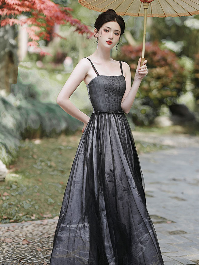 Elegant Inked Maxi Dress & Long Sleeve Blouse Set 水墨印花大摆连衣裙+长袖小衫两件套