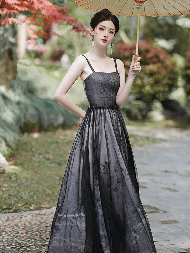 Elegant Inked Maxi Dress & Long Sleeve Blouse Set 水墨印花大摆连衣裙+长袖小衫两件套