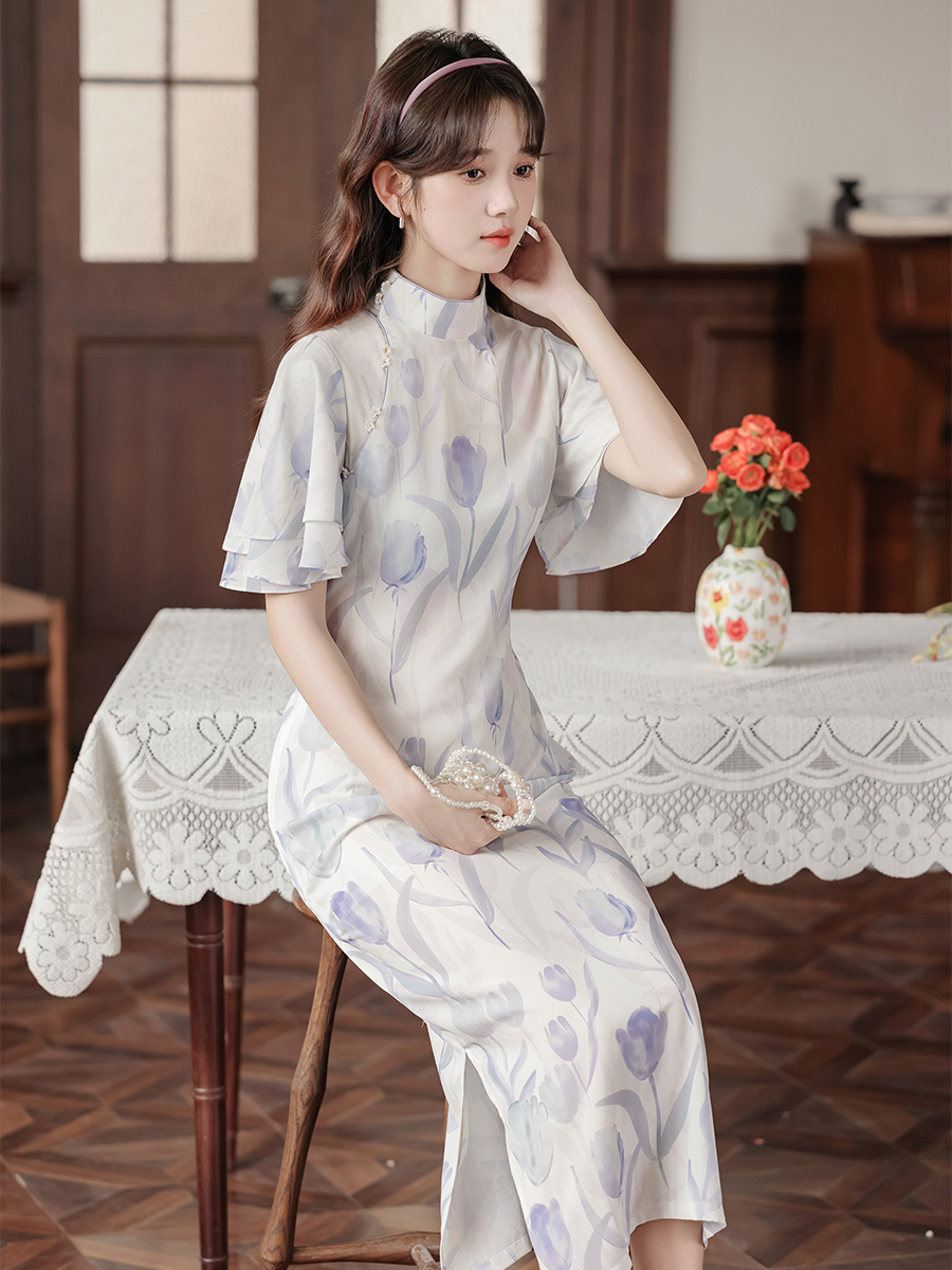 Smooth Skin Snow | New Girls Lived during the Republic of China Lotus Leaf Sleeve Tulip Long Cheongsam Slim Spring and Summer Young New Chinese Style 40