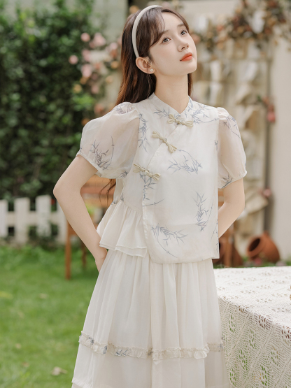 2024 New Women's Bamboo Shadow New Chinese Short-Sleeved Shirt High Waist Skirt Two-Piece Set 40